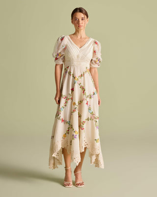 Ivory Floral Vines Embroidered Ruched Dress by Chandrima available on Indiaspopup.com