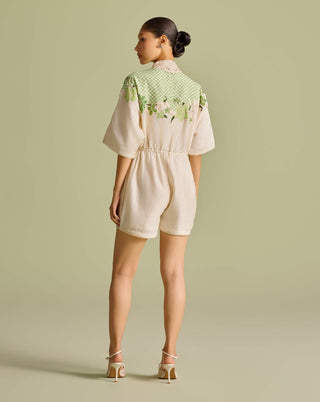 Ivory And Mint Checkered Embroidered Playsuit by Chandrima available on Indiaspopup.com