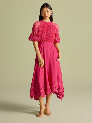 Fuchsia Rose Cutwork Flounce Dress by Chandrima available on Indiaspopup.com