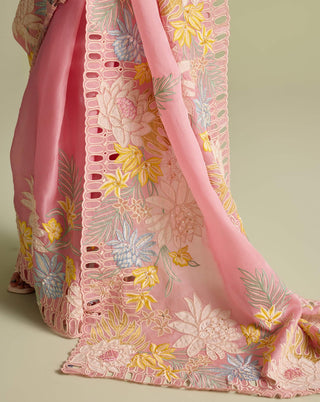 Ivory Tonal Cutwork Bustier And Pink Sari by Chandrima available on Indiaspopup.com