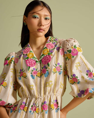 Ivory Floral Striped Short Shirt Dress by Chandrima available on Indiaspopup.com