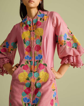 Pink Applique Mesh Layered Short Dress by Chandrima available on Indiaspopup.com