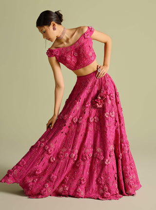 Fuchsia Cutwork Bustier And Lehenga by Chandrima available on Indiaspopup.com