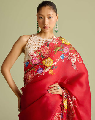 Red Floral Embroidered Sari And Blouse by Chandrima available on Indiaspopup.com
