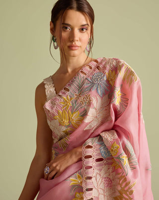 Ivory Tonal Cutwork Bustier And Pink Sari by Chandrima available on Indiaspopup.com