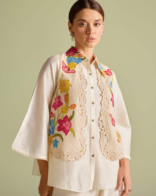 Ivory Floral Mesh Layered Shirt And Pants by Chandrima available on Indiaspopup.com