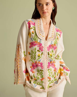 Ivory Floral Threadwork Flared Jacket And Pants by Chandrima available on Indiaspopup.com