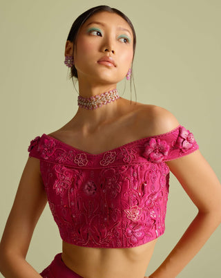 Fuchsia Cutwork Bustier And Lehenga by Chandrima available on Indiaspopup.com