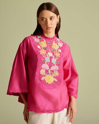 Fuchsia Mesh Yoke Top And Pants by Chandrima available on Indiaspopup.com