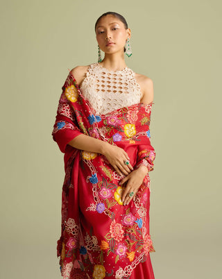 Red Floral Embroidered Sari And Blouse by Chandrima available on Indiaspopup.com