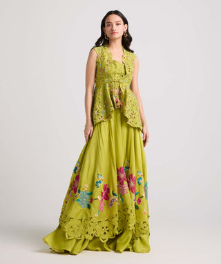 Lime Green Floral Applique Layered Lehenga by Chandrima available on Indiaspopup.com