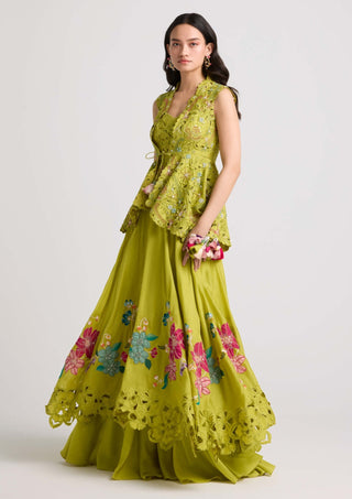 Lime Green Floral Applique Layered Lehenga by Chandrima available on Indiaspopup.com