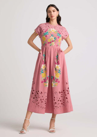Chandrima-Blush Floral Applique And Cutwork Midi Dress-INDIASPOPUP.COM