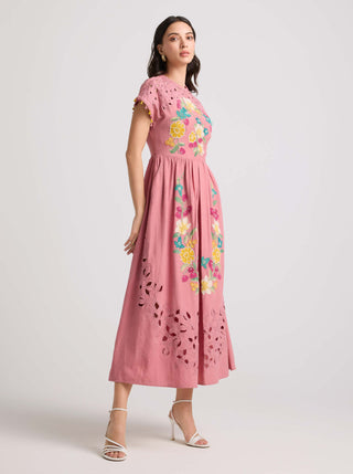 Chandrima-Blush Floral Applique And Cutwork Midi Dress-INDIASPOPUP.COM
