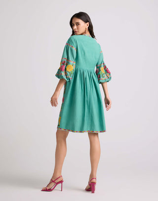 Chandrima-Aqua Embroidered Gathered Dress-INDIASPOPUP.COM