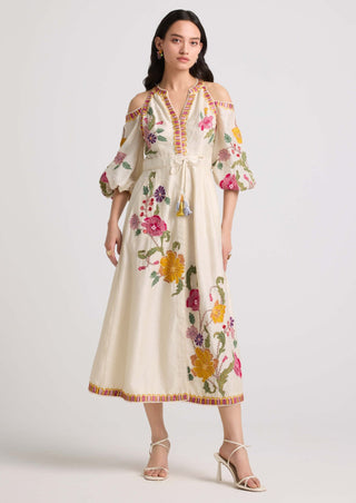 Chandrima-Ivory Floral Cold Shoulder Midi Dress-INDIASPOPUP.COM