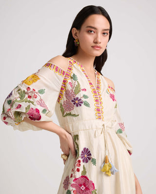 Chandrima-Ivory Floral Cold Shoulder Midi Dress-INDIASPOPUP.COM
