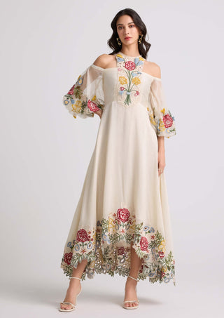 Chandrima-Ivory Floral Applique Dress-INDIASPOPUP.COM