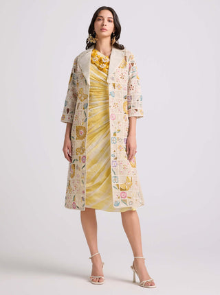 Ivory floral checkered long jacket