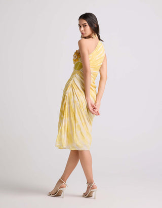 Chandrima-Yellow Tie-Dye Asymmetrical Ruched Dress-INDIASPOPUP.COM