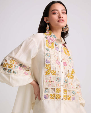 Chandrima-Ivory Checkered Yoke Detail Shirt-INDIASPOPUP.COM