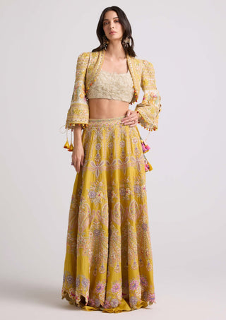 Yellow Contrast Cordwork And Beadwork Lehenga by Chandrima available on Indiaspopup.com