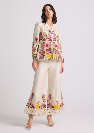 Chandrima-Ivory Floral  Threadwork Bell Bottom Pants-INDIASPOPUP.COM