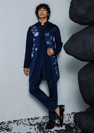 Contrast By Parth-Navy Handpaint Shrug And Kurta Set-INDIASPOPUP.COM