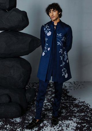 Contrast By Parth-Navy Handpaint Shrug And Kurta Set-INDIASPOPUP.COM