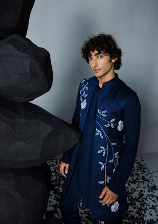 Contrast By Parth-Navy Handpaint Shrug And Kurta Set-INDIASPOPUP.COM