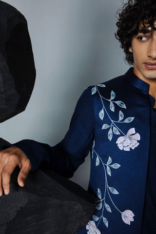 Contrast By Parth-Navy Handpaint Shrug And Kurta Set-INDIASPOPUP.COM