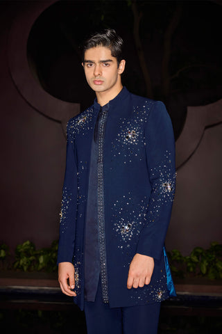 Celestial blue open sherwani set