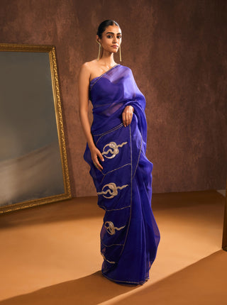 Royal blue silk organza sari