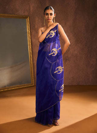 Royal blue silk organza sari