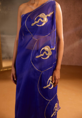 Royal blue silk organza sari