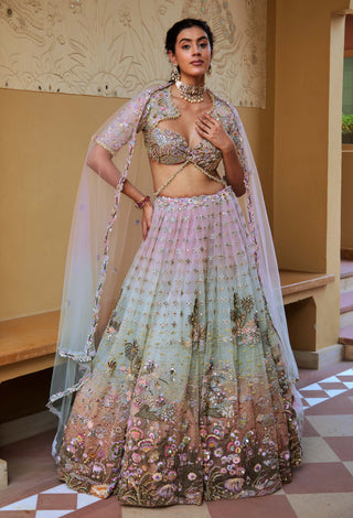 Aqua & Lilac Raga Lehenga Set by Moledro available on Indiaspopup.com