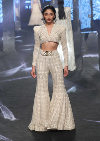 Ritika Mirchandani-Tyla Beige Gold Crop Blazer And Sharara Set-INDIASPOPUP.COM