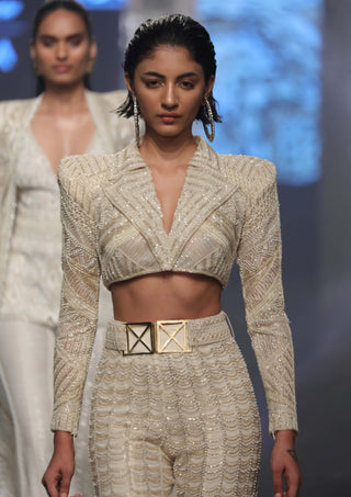 Ritika Mirchandani-Tyla Beige Gold Crop Blazer And Sharara Set-INDIASPOPUP.COM