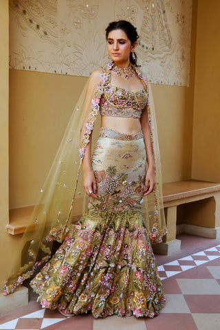 Yellow And Green Ombre Lavanya Lehenga Set by Moledro available on Indiaspopup.com