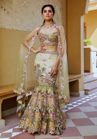 Yellow And Green Ombre Lavanya Lehenga Set by Moledro available on Indiaspopup.com