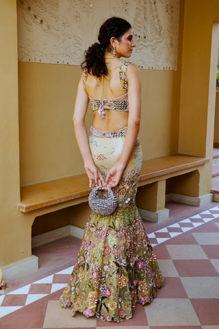 Yellow And Green Ombre Lavanya Lehenga Set by Moledro available on Indiaspopup.com
