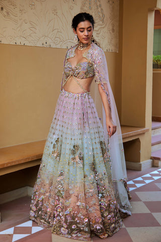 Aqua & Lilac Raga Lehenga Set by Moledro available on Indiaspopup.com