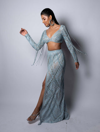 Ritika Mirchandani-Saga Ice Blue Skirt And Blouse-INDIASPOPUP.COM