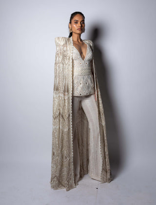 Ritika Mirchandani-Esma Ivory Gold Cape And Pant Set-INDIASPOPUP.COM