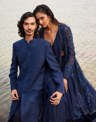 Reva Blue Jacket And Draped Sari Set by Mishru, available on Indiaspopup.com