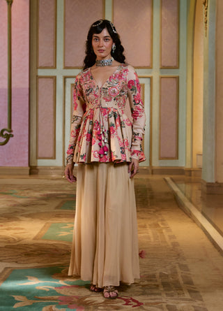 Soft pink and orange floral print peplum and palazzo