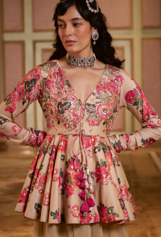 Soft pink and orange floral print peplum and palazzo