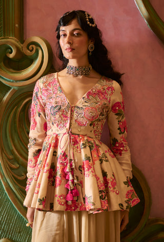 Soft pink and orange floral print peplum and palazzo