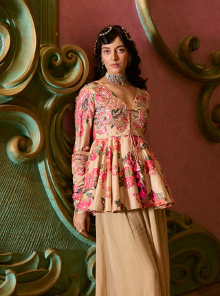 Soft pink and orange floral print peplum and palazzo