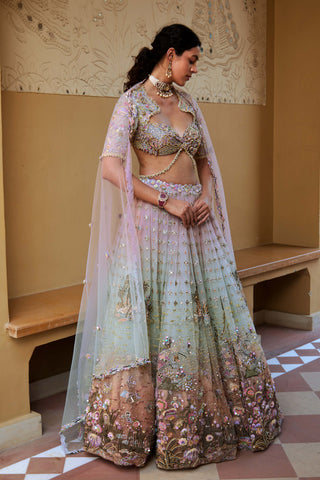 Aqua & Lilac Raga Lehenga Set by Moledro available on Indiaspopup.com